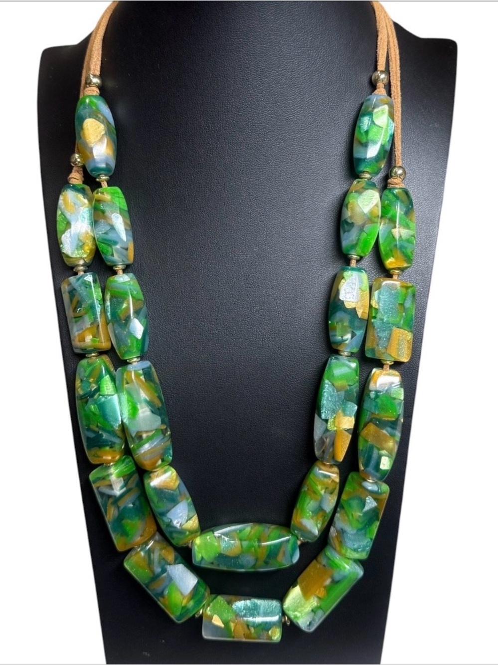 Chico’s Green Terrazzo Chunky Lucite Boho Statement Signed Necklace